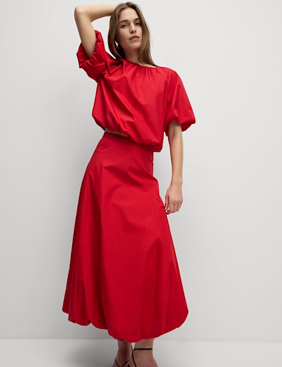 Rok Midi Hem Gelembung Katun Murni