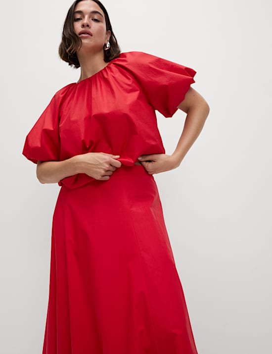 Rok Midi Hem Gelembung Katun Murni