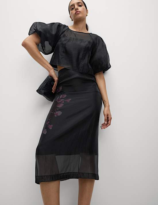 Organza Floral Midi Pencil Skirt
