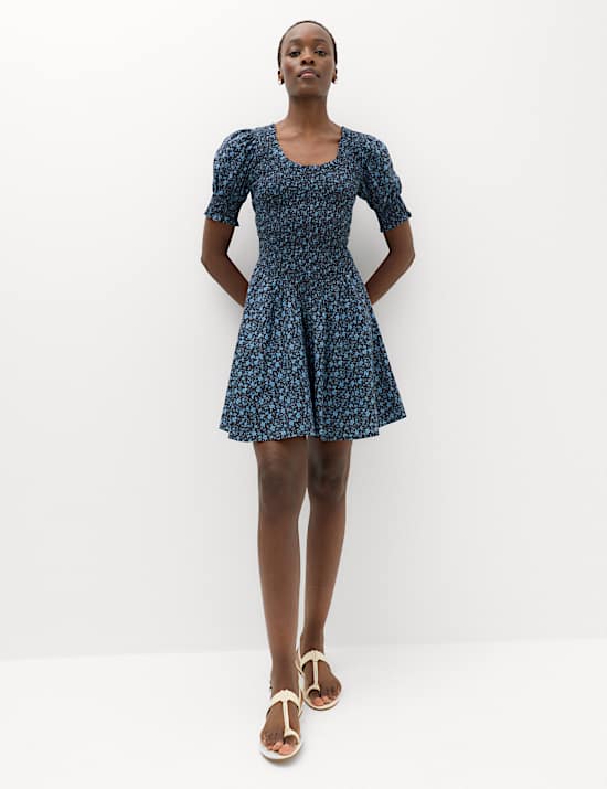 Pure Cotton Floral Mini Shirred Dress