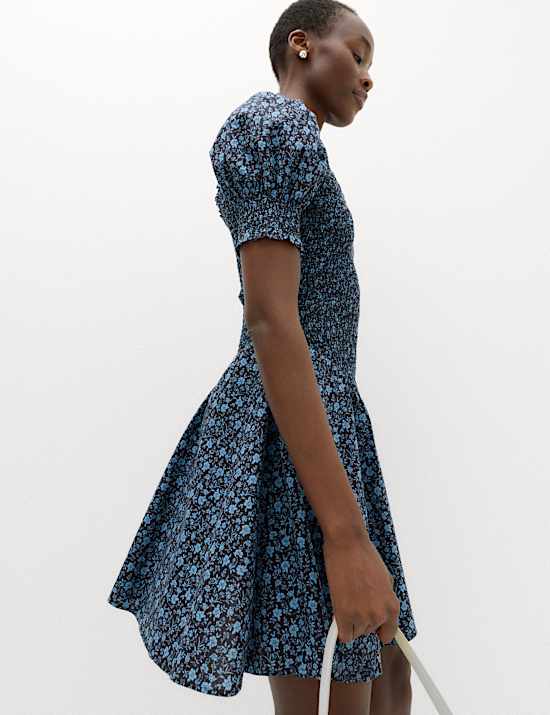 Pure Cotton Floral Mini Shirred Dress