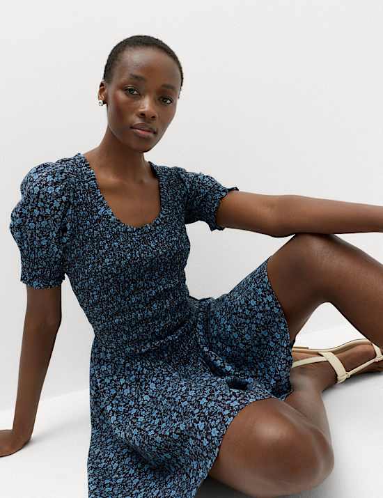 Pure Cotton Floral Mini Shirred Dress