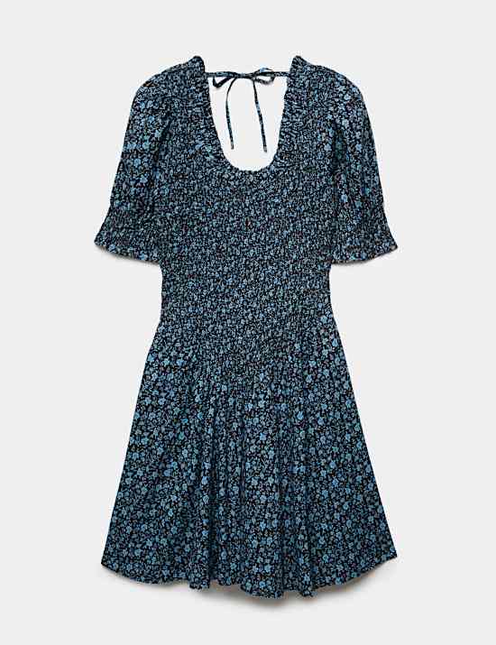 Pure Cotton Floral Mini Shirred Dress