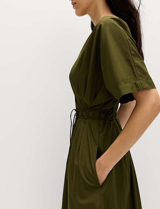 Pure Cotton V-Neck Midi Waisted Dress