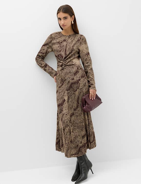 Animal Print Ruched Midi Column Dress