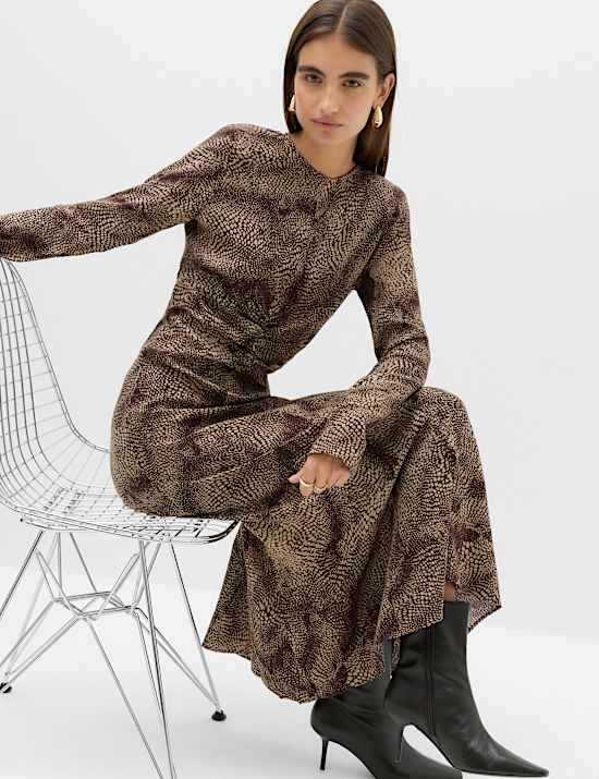 Animal Print Ruched Midi Column Dress