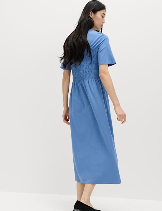 Cotton Rich Shirred Midi T-Shirt Dress