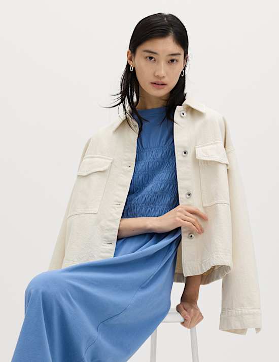 Cotton Rich Shirred Midi T-Shirt Dress