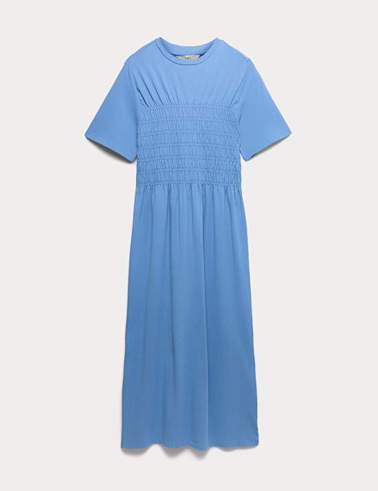 Cotton Rich Shirred Midi T-Shirt Dress