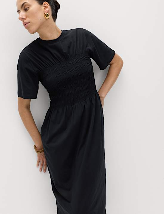 Cotton Rich Shirred Midi T-Shirt Dress