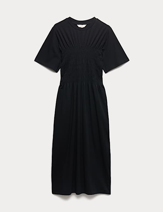 Cotton Rich Shirred Midi T-Shirt Dress