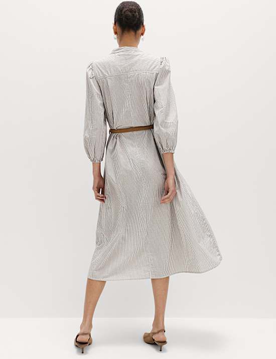 Pure Cotton Striped V-Neck Midi Shirt Dress