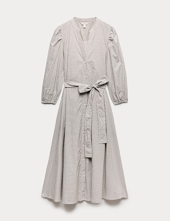 Pure Cotton Striped V-Neck Midi Shirt Dress