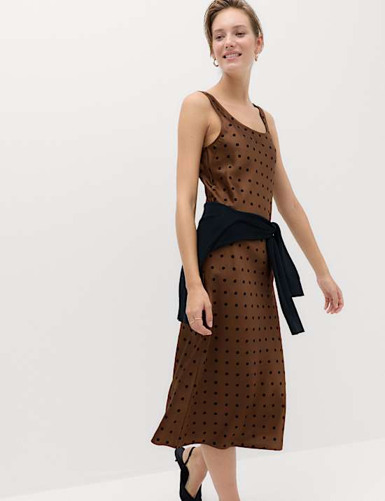 Satin Polka Dot Flocked Midi Slip Dress