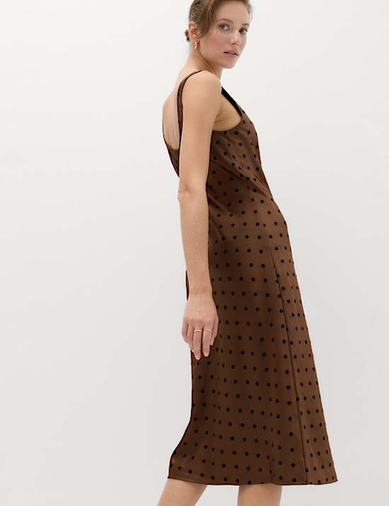 Satin Polka Dot Flocked Midi Slip Dress