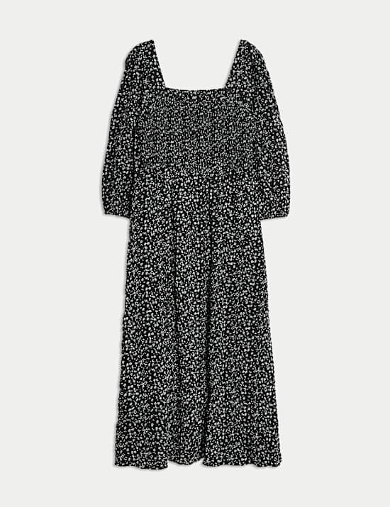 Floral Square Neck Midi Waisted Dress