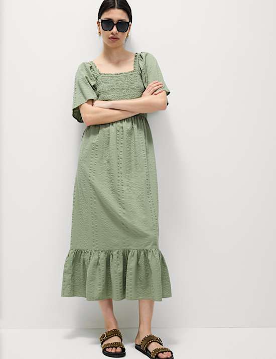 Pure Cotton Shirred Midaxi Waisted Dress
