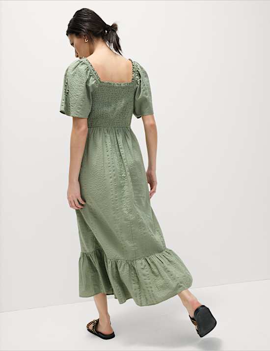 Pure Cotton Shirred Midaxi Waisted Dress