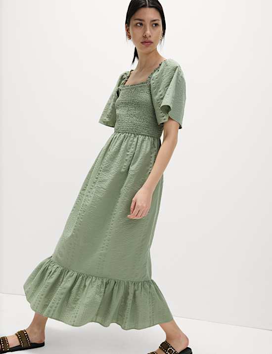 Pure Cotton Shirred Midaxi Waisted Dress