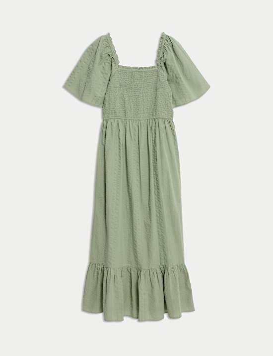 Pure Cotton Shirred Midaxi Waisted Dress