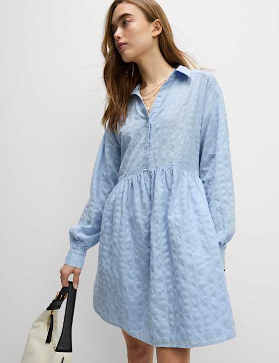 Pure Cotton Textured Mini Waisted Dress