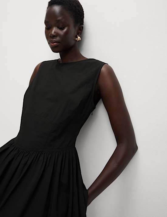 Pure Cotton Round Neck Midi Waisted Dress