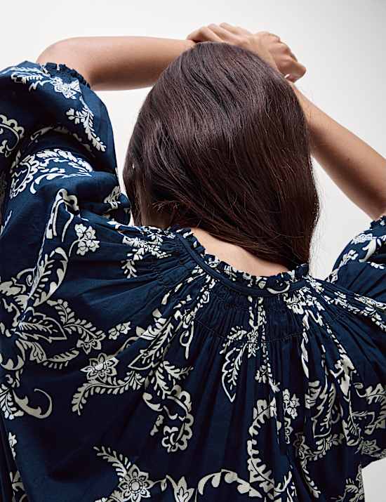 Pure Cotton Printed V-Neck Midi Waisted Dress