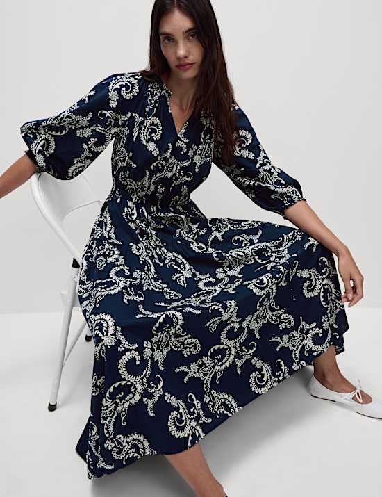 Pure Cotton Printed V-Neck Midi Waisted Dress