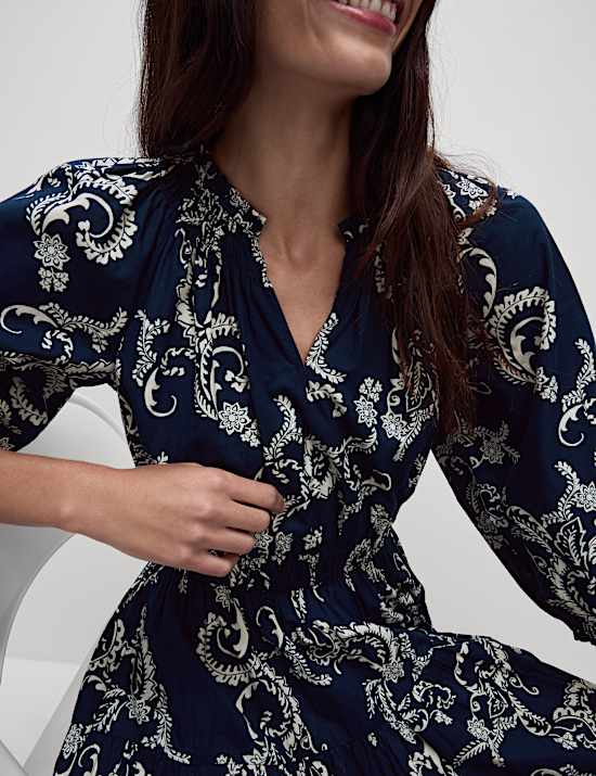 Pure Cotton Printed V-Neck Midi Waisted Dress