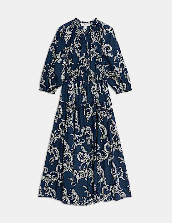 Pure Cotton Printed V-Neck Midi Waisted Dress