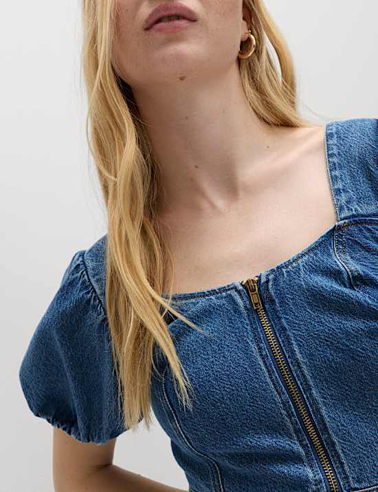 Tailliertes Denim-Midikleid mit Puff&auml;rmeln