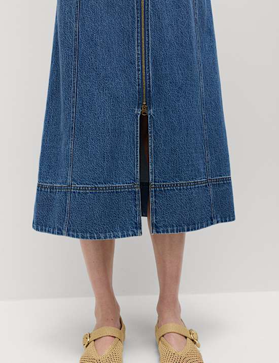 Tailliertes Denim-Midikleid mit Puff&auml;rmeln