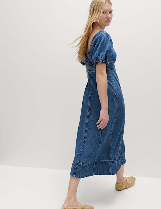 Tailliertes Denim-Midikleid mit Puff&auml;rmeln