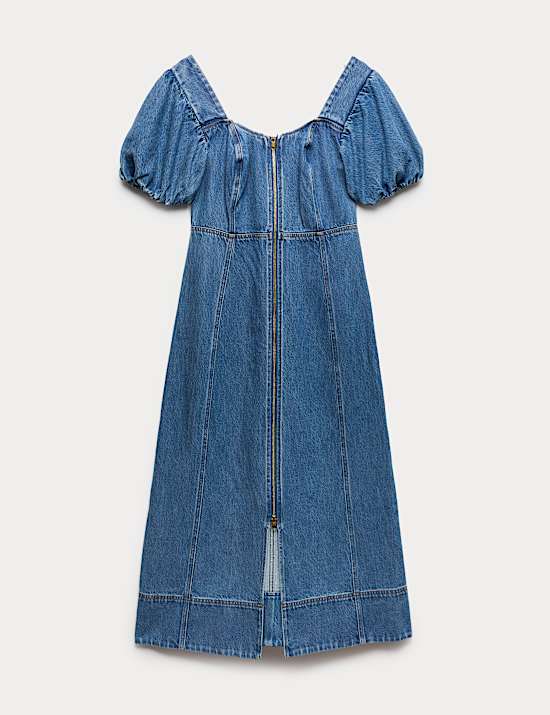 Denim Puff Sleeve Midi Waisted Dress