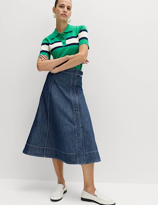 Denim Belted Midi Circle Skirt