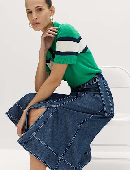 Denim Belted Midi Circle Skirt