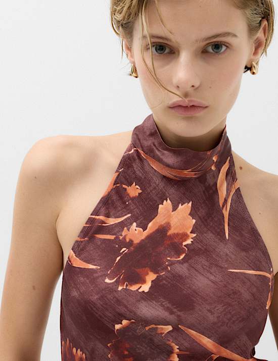 Floral Print Halter Neck Maxi Slip Dress