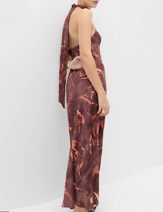 Floral Print Halter Neck Maxi Slip Dress