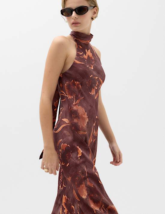 Floral Print Halter Neck Maxi Slip Dress