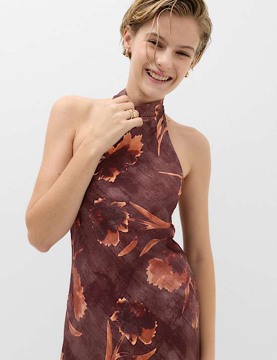 Floral Print Halter Neck Maxi Slip Dress