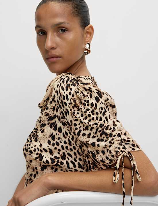 Printed Ruched Sleeve Midaxi Dress