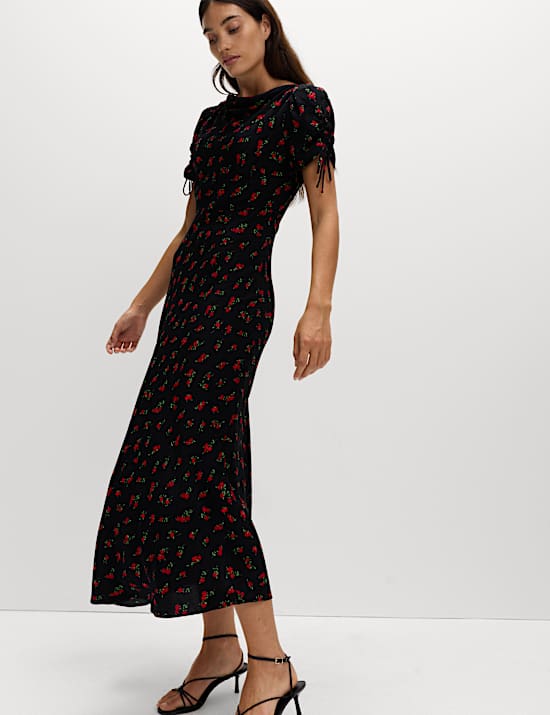 Printed Ruched Sleeve Midaxi Dress