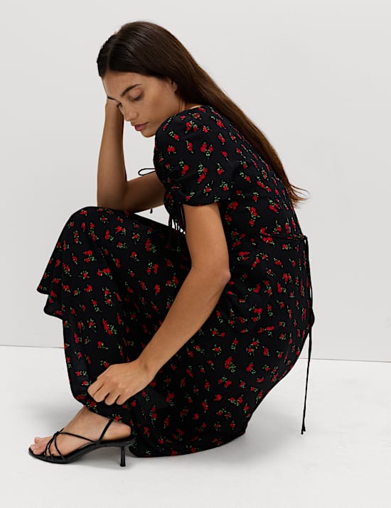 Printed Ruched Sleeve Midaxi Dress