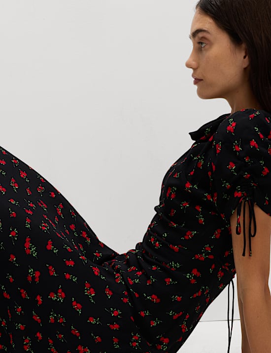 Printed Ruched Sleeve Midaxi Dress