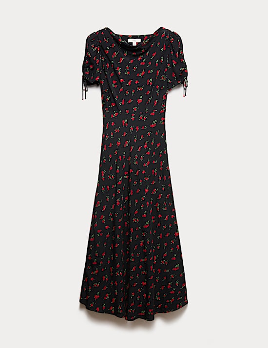 Printed Ruched Sleeve Midaxi Dress