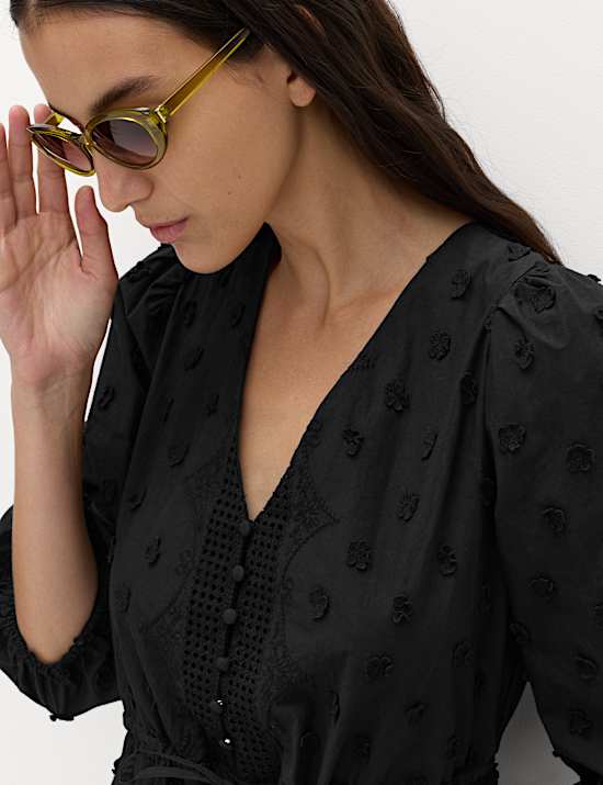Pure Cotton Embroidered V-Neck Mini Waisted Dress