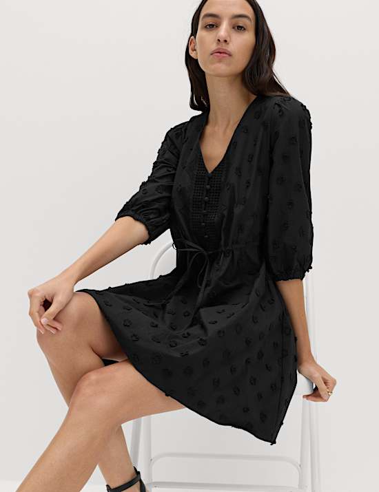 Pure Cotton Embroidered V-Neck Mini Waisted Dress