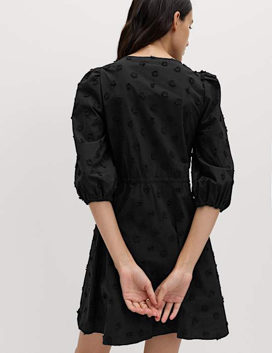 Pure Cotton Embroidered V-Neck Mini Waisted Dress