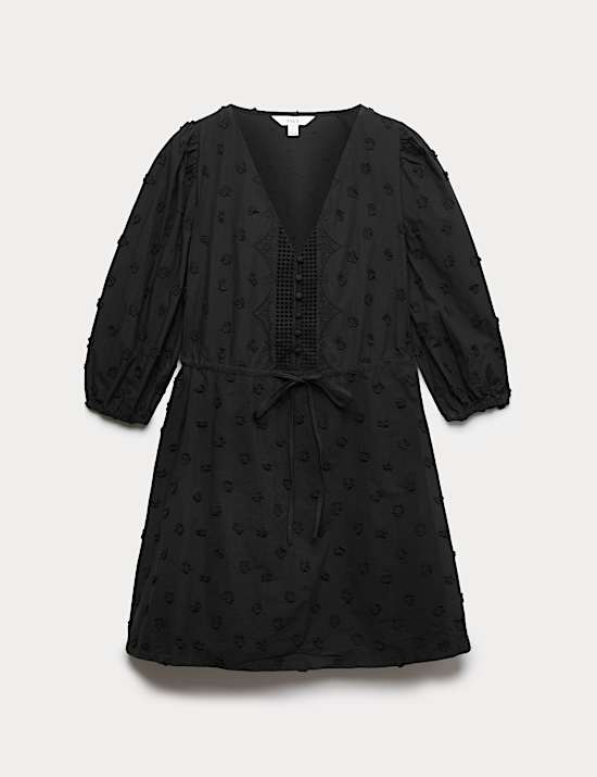 Pure Cotton Embroidered V-Neck Mini Waisted Dress