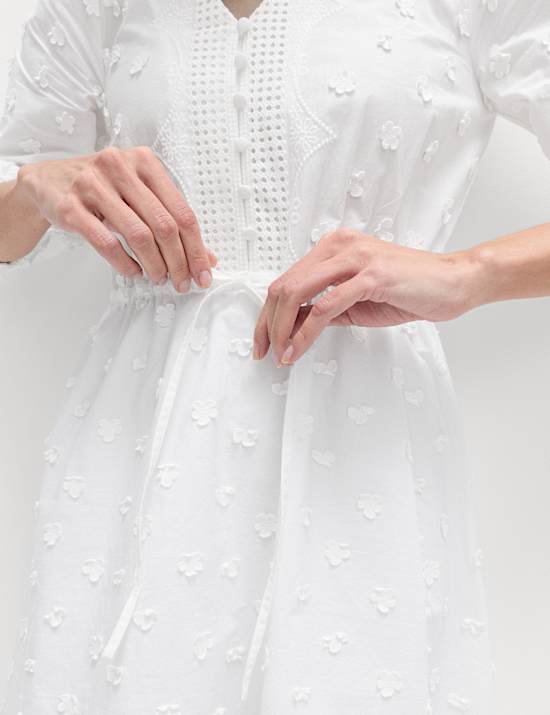 Pure Cotton Embroidered V-Neck Mini Waisted Dress